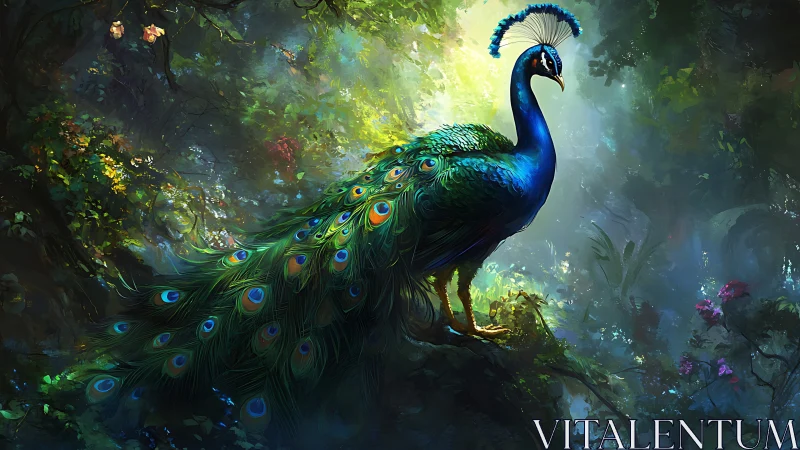 Majestic Peacock in Lush Enchanted Forest, Vibrant Digital Art.