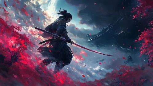 Moonlit ronin strides through crimson storm of memory.