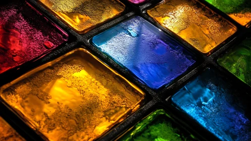 Colorful glass tiles glowing with cozy, luminous warmth.