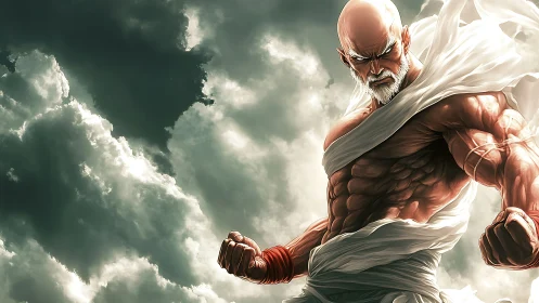 Stormy sky frames a determined warrior ready for battle