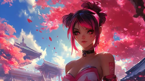 Pink haired anime heroine under dreamy cherry blossoms.