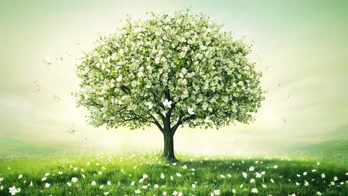 Blooming white tree in bright green spring meadow landscape.