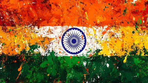 Abstract tricolor composition with Ashoka Chakra centerpiece.