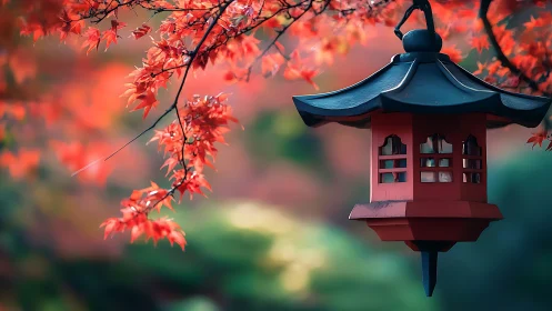 Gentle red lantern glows softly among vivid autumn leaves