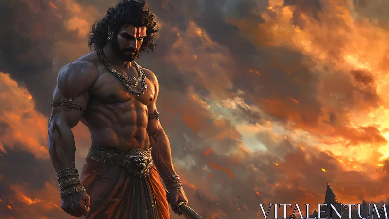 Storm-lit warrior prince broods above a burning kingdom.