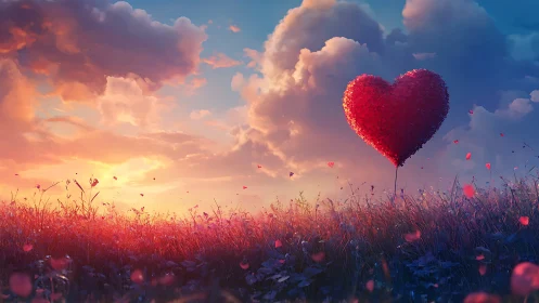 Large red heart shape floating above field under dramatic sky