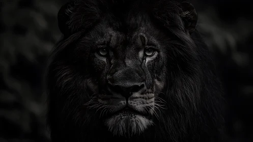 Dark-maned lion stares ahead in dramatic low-key portrait.