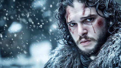 Storm-eyed warrior in blizzard, scarred by winter’s blades.