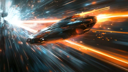 Star-chasing cruiser racing through a blazing warp tunnel.