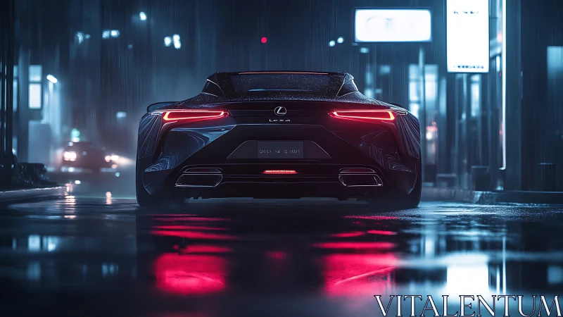 Rain-soaked Lexus coupé rear under neon reflections in nocturnal city