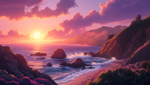 Sunlit surf drapes lavender shores in glowing Pacific hush