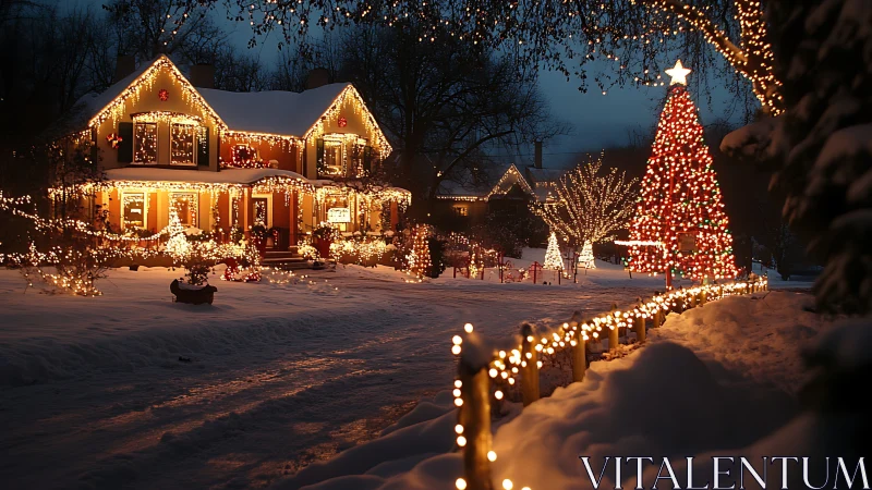 Snowy suburban home with dense Christmas light display.
