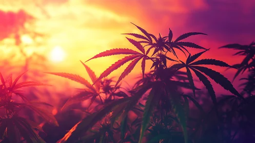 Cannabis plants in warm sunset light with vivid sky colors.