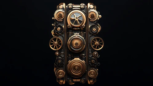 Vertical array of gold mechanical gears on black background.