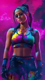 Female subject in neon sportwear amid colored smoke field.