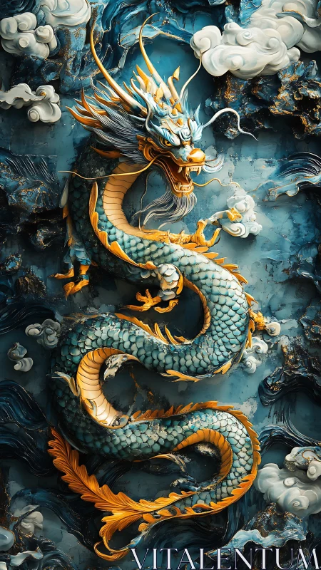 Digital painting of coiled azure dragon in sculpted cloud relief.