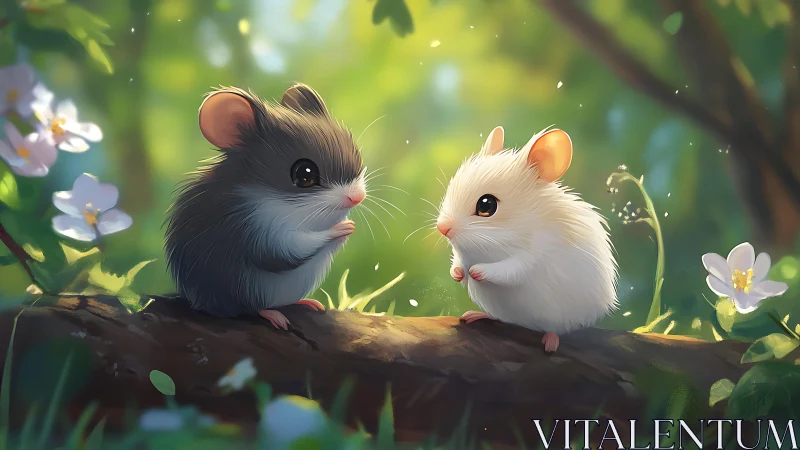 Digital painting of woodland mice on log in soft bokeh light.