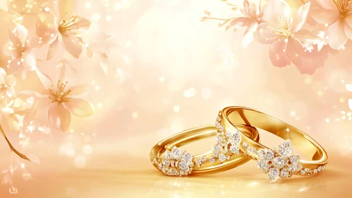 Gold wedding bands sparkle amid soft cherry blossoms.