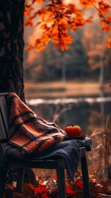 Cozy plaid blanket and pumpkin warm quiet autumn lakeside