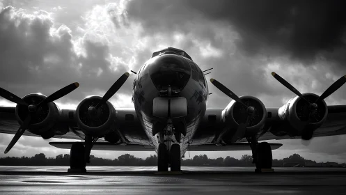 Vintage bomber aircraft waits on wet runway under storm clouds.