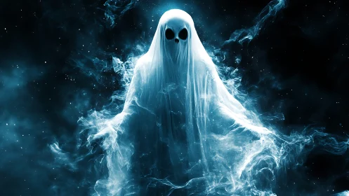 Ethereal ghostly spirit emerges from cosmic blue mist.