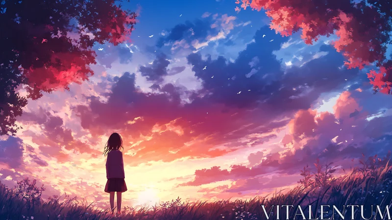 Girl watches blazing sunset beneath vivid painted sky.