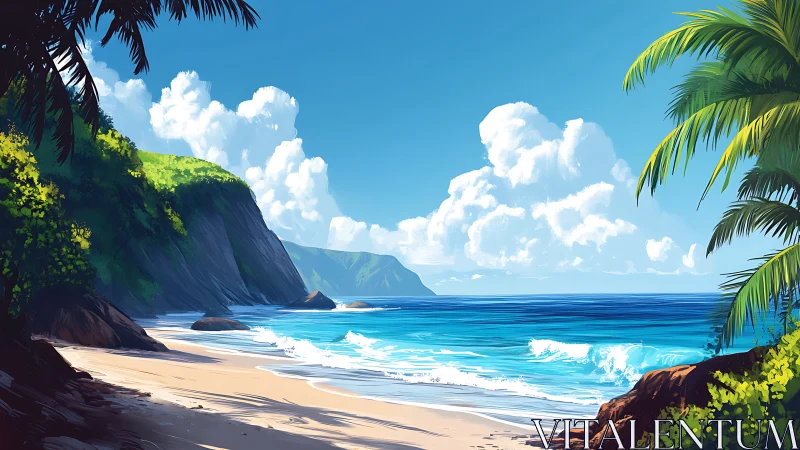 Digital rendering of tropical beach landscape with coastal cliffs