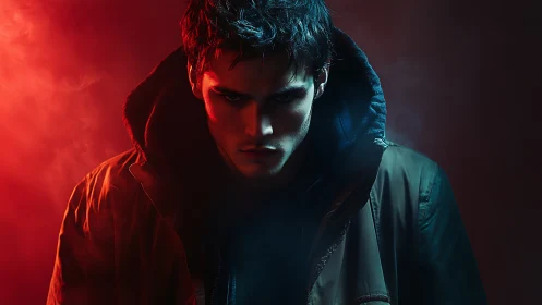 Moody male subject in hooded jacket under red-blue light.