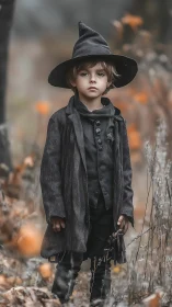 Autumn witchling boy stands solemn in a misty forest hush.