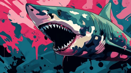 Shark illustration with open jaws against abstract backdrop.