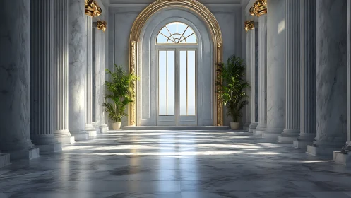 Sunlit marble hall opens into a grand, welcoming entrance