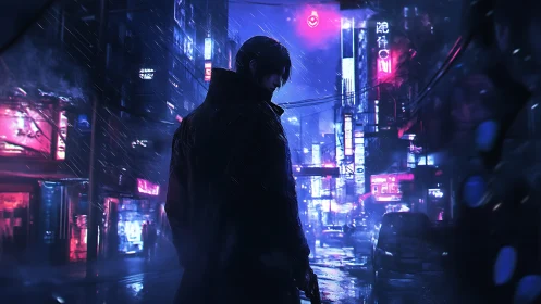 Silhouetted figure in neon lit rainy urban street at night.