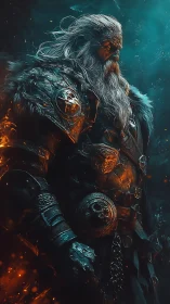 Elder warrior in ember‑lit armor stands in cinematic side profile