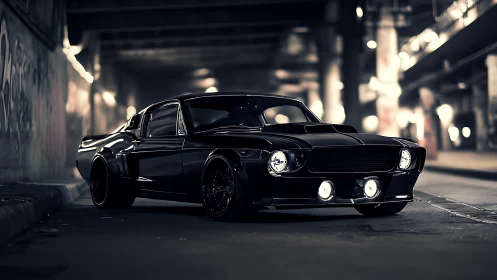 Photorealistic muscle car nocturne in cinematic tunnel setting.