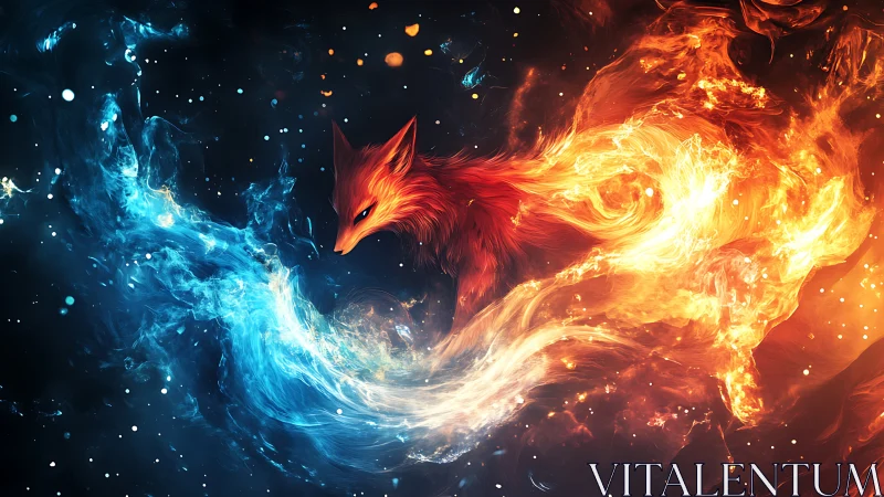 Elemental fox spirit swirls through fire and ice cosmos.