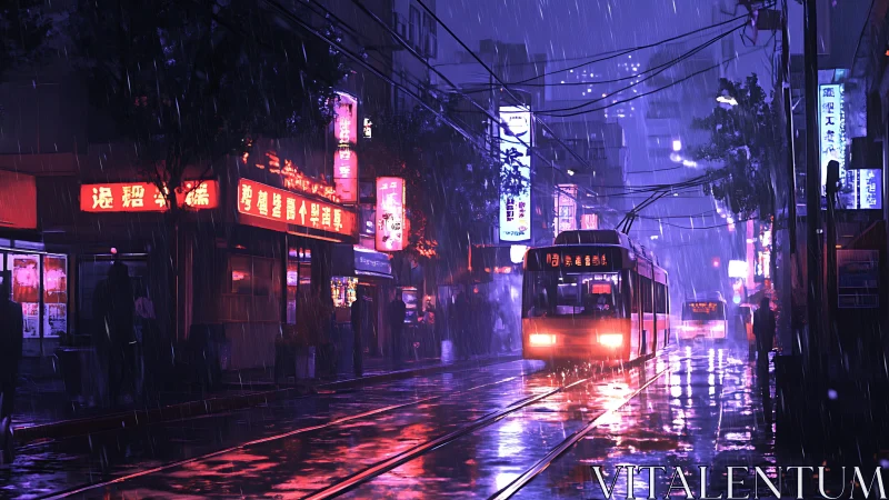 Neon tram glides through rainy purple-lit city street