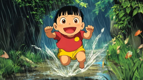 Joyful child splashes through a rainy forest path with delight