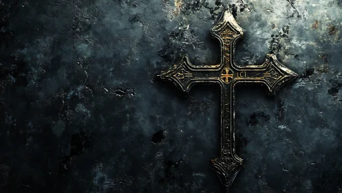 Metal cross rests on textured dark surface in side lighting