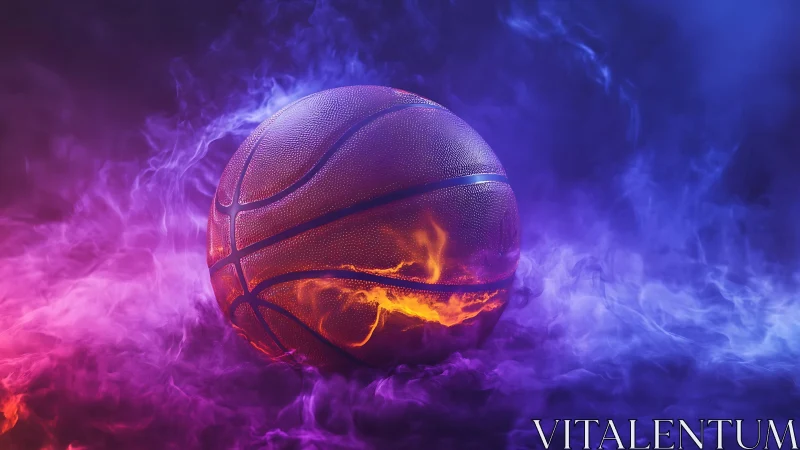 Blazing court spirit: neon-smoked basketball ignites night.