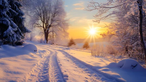 Winter trail under radiant sunrise across snowy forest path.