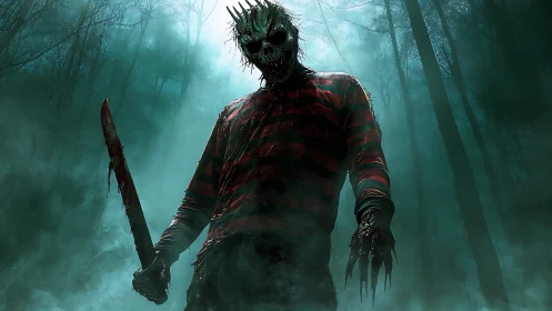 Masked figure with bladed weapon stands in foggy forest