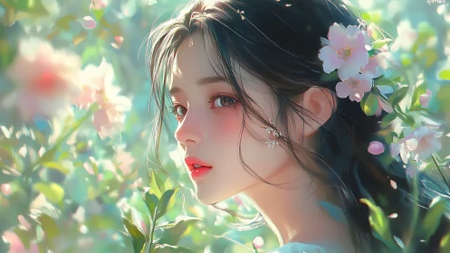 Young woman rendered in soft-focus floral digital portrait