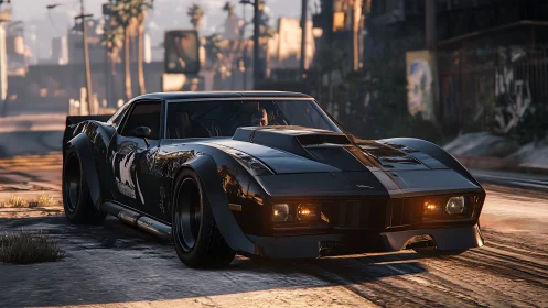 Night-street muscle car rumbles softly in the warm city glow