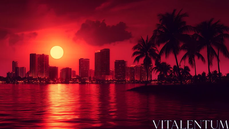 Urban waterfront skyline with red sunset and palm trees.