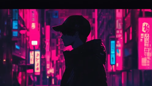 Neon-lit urban silhouette in cyberpunk side-profile composition.