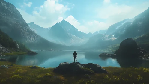 Lone armored figure facing vast mountain lake vista.