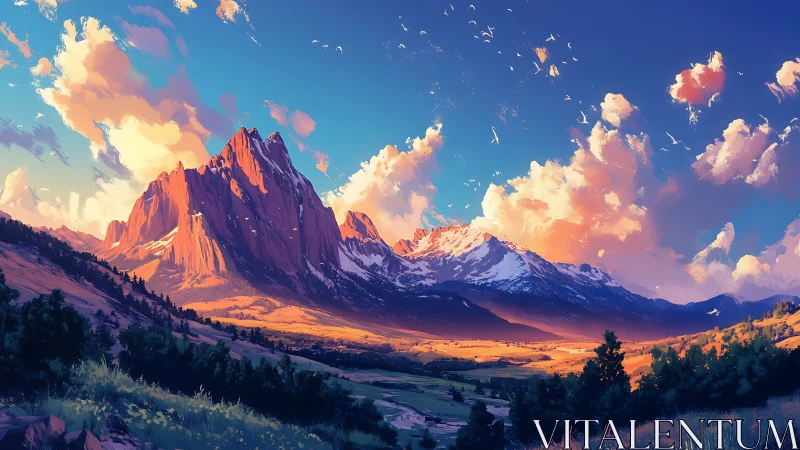 Glowing mountain valley basks in gentle evening light