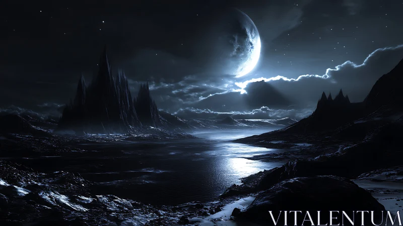 Lunar-lit alien shoreline under towering black spires.