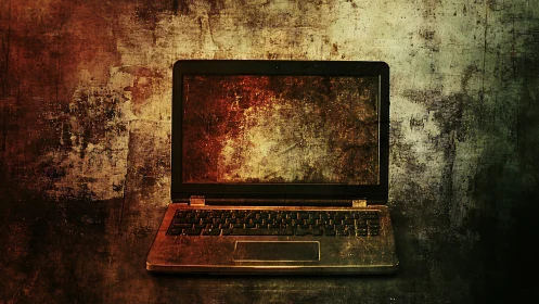 Distressed laptop against gritty textured grunge backdrop.