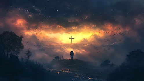 Silhouetted figure approaches radiant cross under storm-lit sky